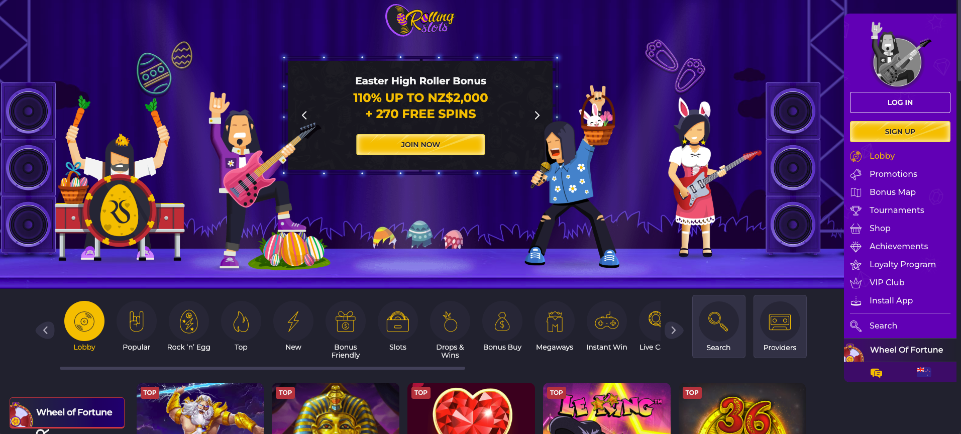 Rolling Slots Casino homepage screenshot